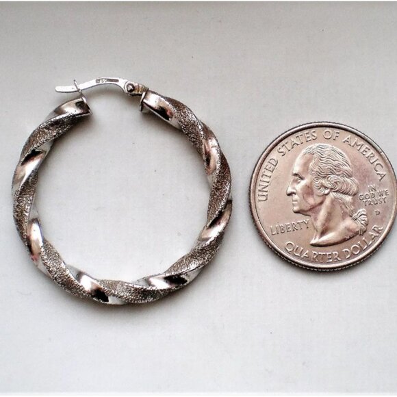 Vintage LARGE European 18K 750 White Gold Twisted Rope Hoop Earrings